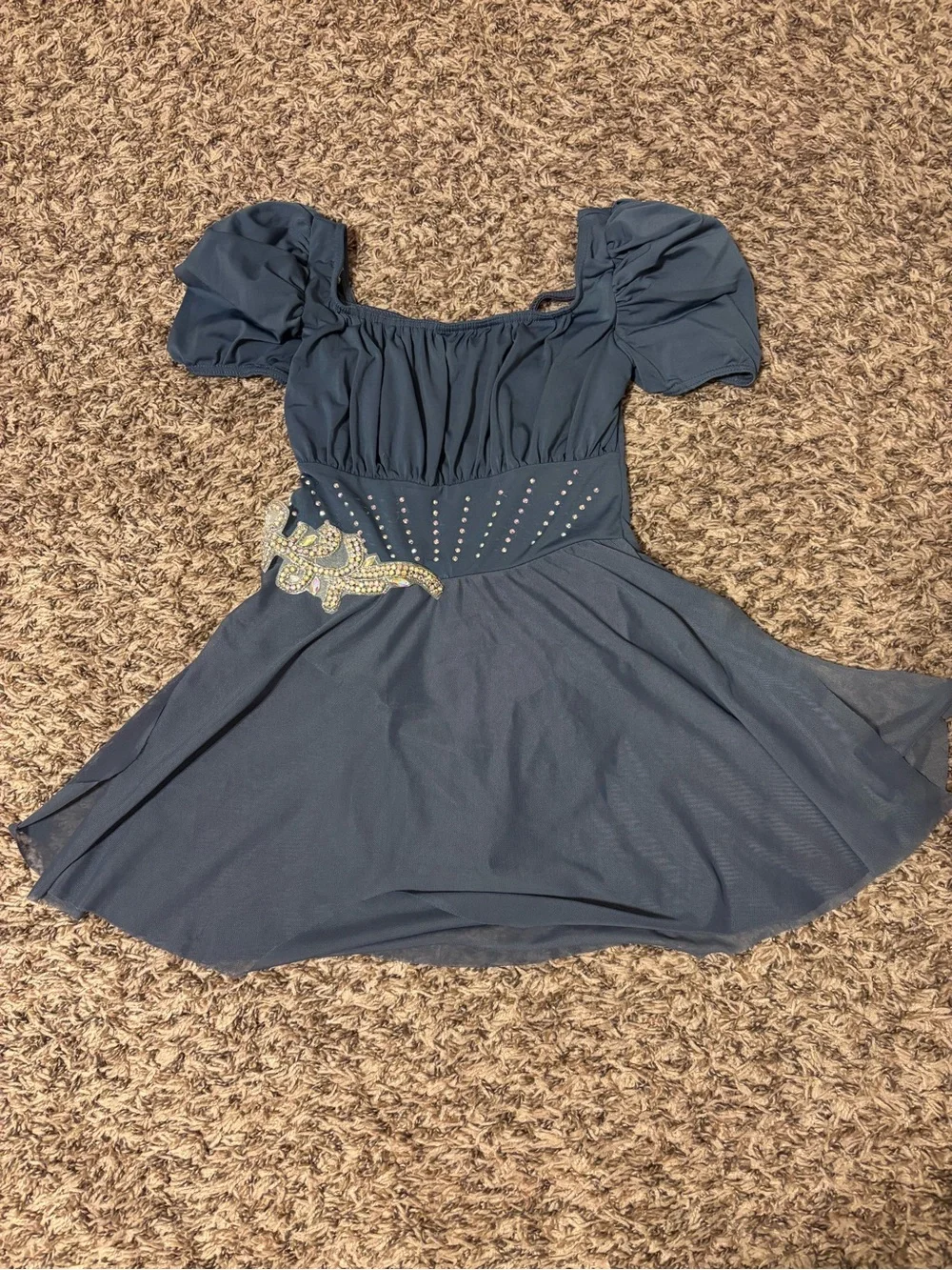 Weissman Navy Puff-Sleeve Performance Dress with Rhinestone Waist Accent